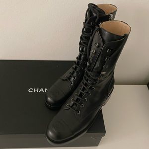 Chanel Black Calfskin Leather CC Combat Lace Up Tie Tall Boots 39.5